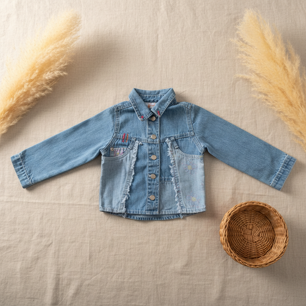 Veste jean bicolore boutons pression fille – fond bohème