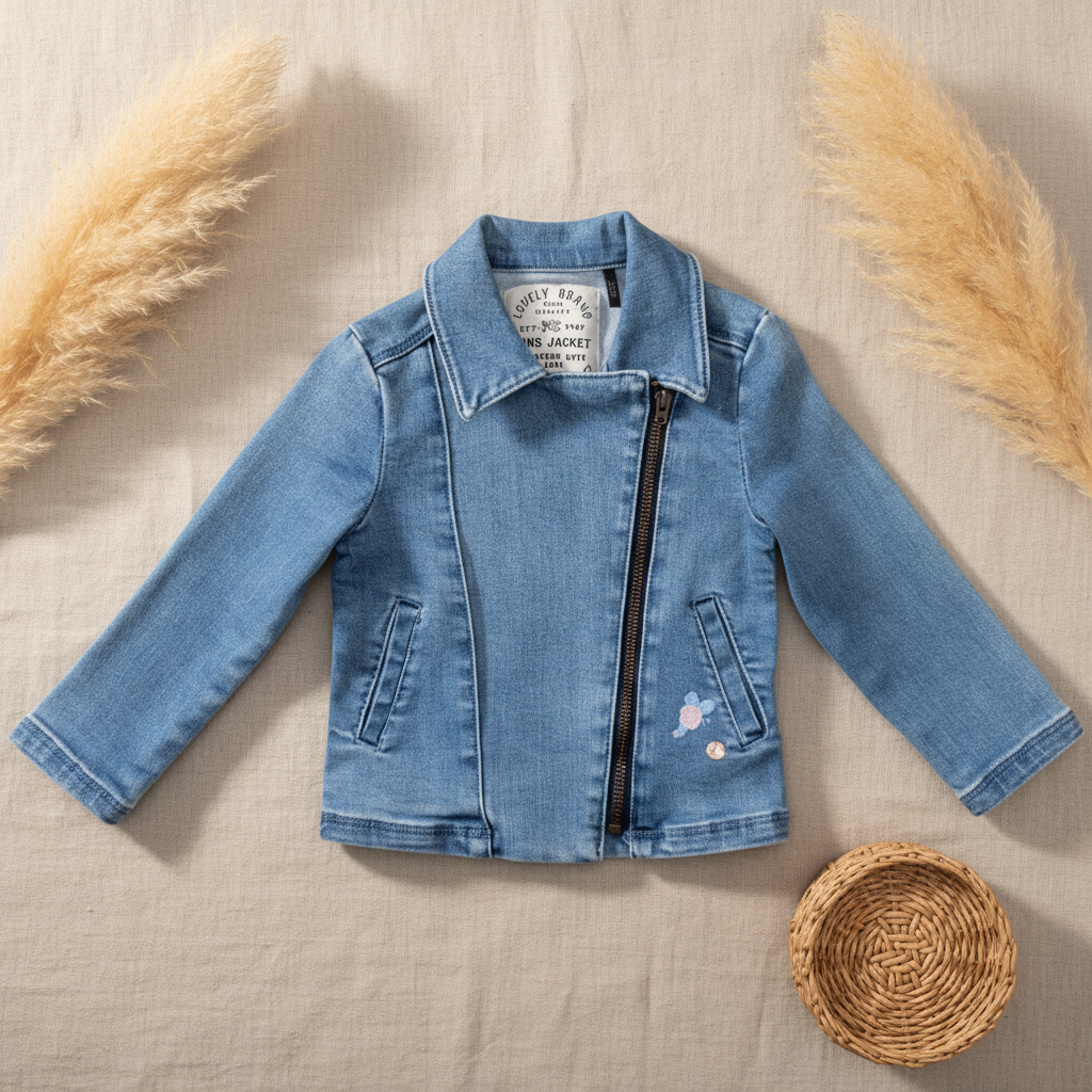 Veste jean biker zip bronze "Lovely Brand" – fond bohème