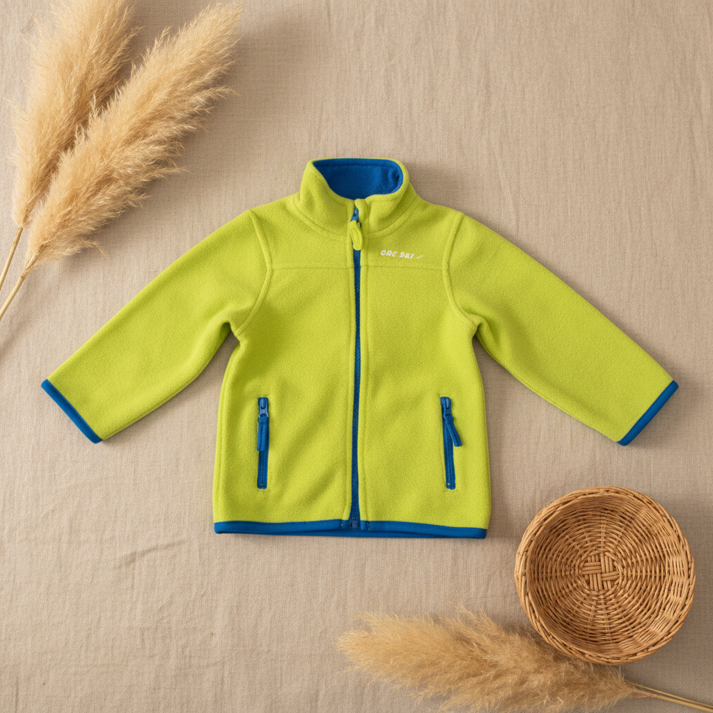 Veste polaire vert lime et bleu – fond bohème